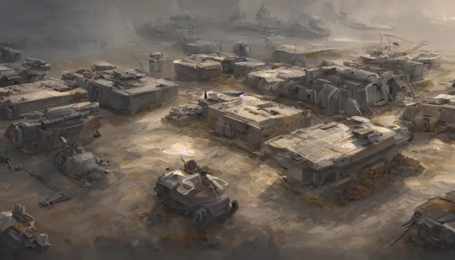 Image similar to concept art of modular military base, oil painting by jama jurabaev, brush hard, artstation, for aaa game, high quality, brush stroke