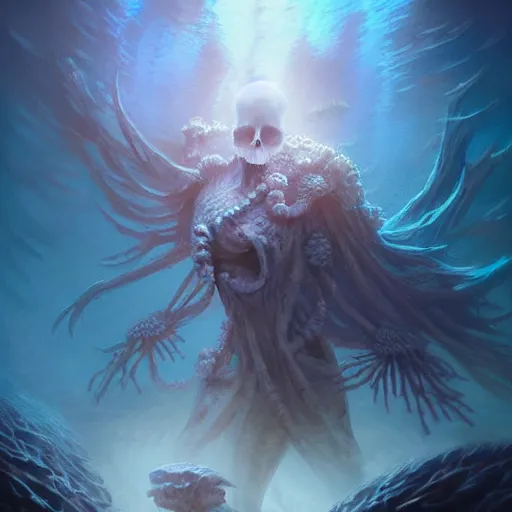 Prompt: skeletal ghost underwater, coral reef, concept art, beautiful blue lights, d & d, fantasy, highly detailed, masterpiece, volumetric lighting, digital painting, artstation, smooth, sharp focus, illustration, art by artgerm, by greg rutkowski