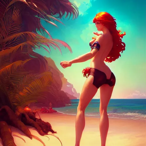 Prompt: synthwave beach picture with cute redhead cyborg woman by artgerm, cushart krenz, greg rutkowski, mucha. art nouveau. gloomhaven, tropical atmosphere, natural tones, vibrant colors, sharp edges. ultra clear detailed. 8 k. elegant, intricate, octane render