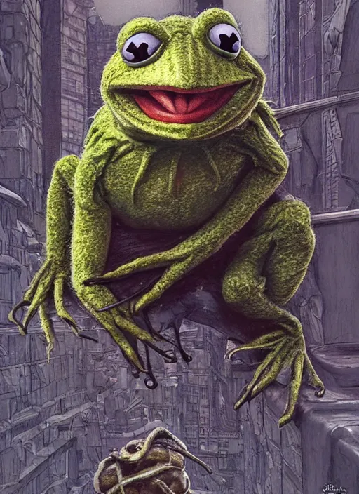 Image similar to portrait of Kermit the frog in The Thing (1982), intricate, highly detailed, centered, studio background, digital painting, artstation, concept art, smooth, sharp focus, illustration, artgerm, donato giancola, Joseph Christian Leyendecker, WLOP, Artgerm