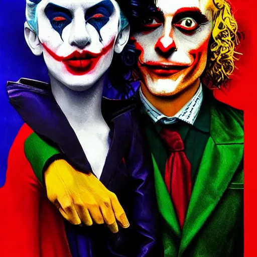 Image similar to ilya yefimovich repin and mimmo rottela as joaquin phoenix skinny joker holding hand lady gaga harley queen, ultra photorealistic, intricate details, pop art style, concept art, confident posse, random object details, 3 colours, warm color, 4 k, ultra smooth, sharp focus