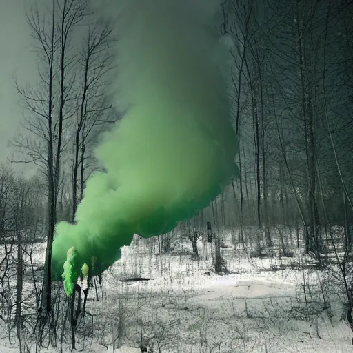 Image similar to a photograph of chernobyl emitting green smoke, photographs smuggled out from the soviet union, chernobyl, bright green