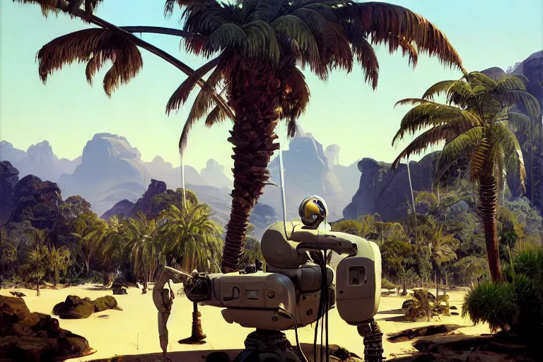 Prompt: natural american landscape | robot repairing another robot | palm trees | snowy mountains, painting by syd mead and weta studio and james jean, frank frazetta, highly detailed, rule of third, soft lighting, 8 k resolution, oil on canvas, architectural magazine, beautiful detailed, insanely intricate details, artstation trending, hypermaximalistic, high details, cinematic