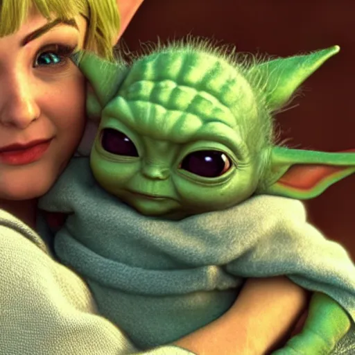 Image similar to real vintage photo, zelda the princess holding baby yoda in her arms, detailed, hyper realistic, 4 k octan render, unreal 5