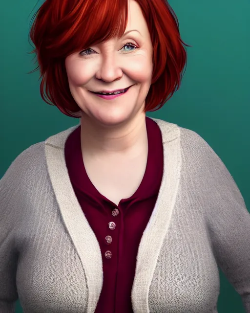 Image similar to portrait smiling of short and plump 5 0 - year - old woman with red hair and, kind face, round face, short hair, molly weasley, wearing in cardigan, hyper realistic face, beautiful eyes, character art, art by mark brooks, hyperdetailed, cryengine, trending on artstation, digital art