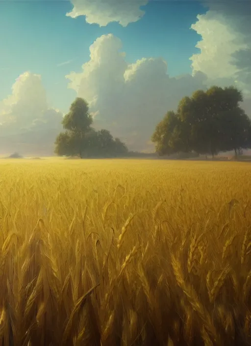 Prompt: a beautiful insanely detailed matte painting of a wheat field, sharp, ray tracing, ambient occlusion, octane render, intense colors, by moebius, by greg rutkowski, by rossdraws