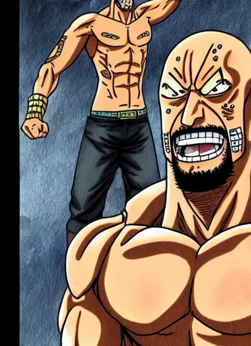 Image similar to dwayne johnson as origin character in one piece manga, sketch by eiichiro oda, amazing likeness. very detailed.