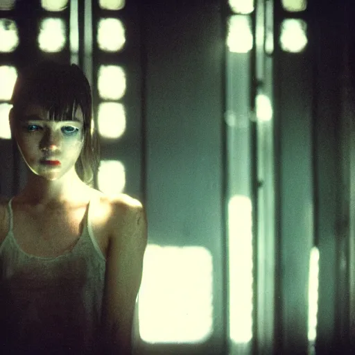 Image similar to film still, 6 5 mm, a masterpiece portrait photo of a girl, biotech, cyberpunk, blade runner, cyborg, grainy, withered, worn, glowing lights