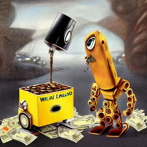 Image similar to Wall-e and Salvador Dali smoking cigars and counting money