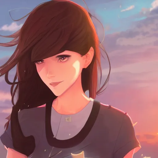 Prompt: a beautiful woman with a hime haircut, dark brown hair and tan skin, dark brown eyes, city landscape, 4k, anime key visual, lois van baarle, ilya kuvshinov, rossdraws, artstation