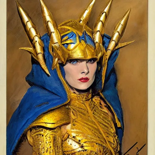 Image similar to painting of a woman in elaborate blue and gold armor with spiked horns on her helmet, painting by Frank Franzetta