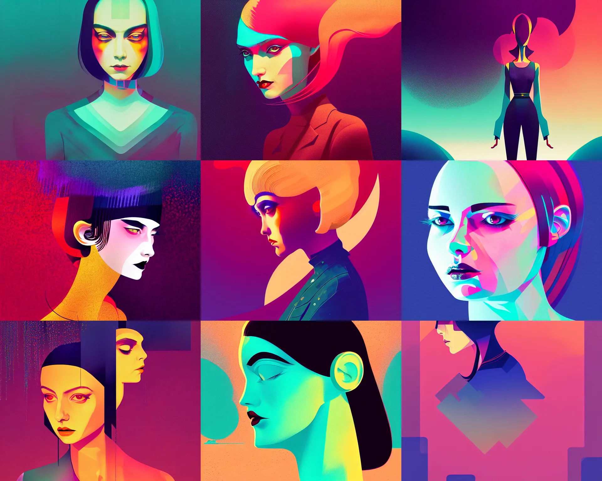 Prompt: ( ( dither ) ), editorial illustration portrait of aya gloomy posing, dynamic pose, modern art deco, colorful, ( ( mads berg ) ), christopher balaskas, victo ngai, rich grainy texture, detailed, dynamic composition, wide angle, matte print