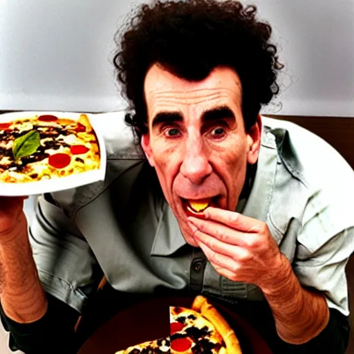 Prompt: Michael Richards (Kramer), eating a rat pizza