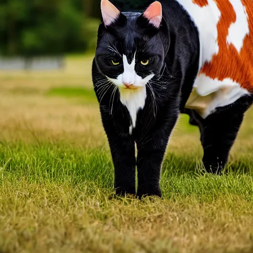 Image similar to a hybrid of a cat and a cow, 8 k, 4 k, professional photography, award winning photo