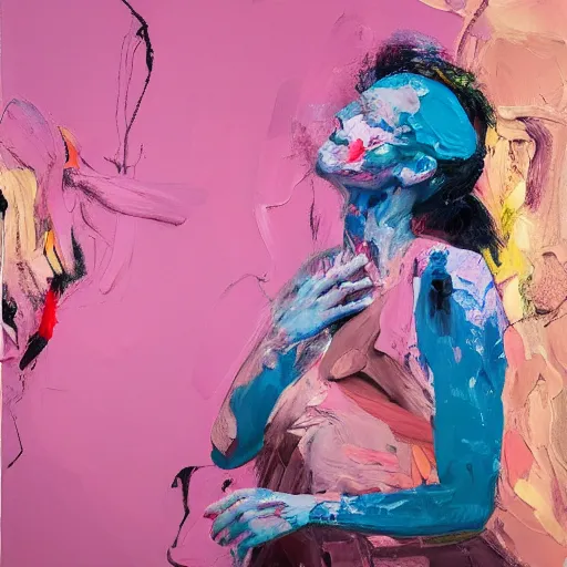 Image similar to _ in _ these _ paintings _ we _ see _ a _ woman _ who _ seem _ to _ be _ walking _ in _ circles in an empty void space, 4 k, in the style of ben quilty, hyper realism, minimal pink palette, medium shot, oil paint with thick brushstrokes of paint, impasto, detailed,