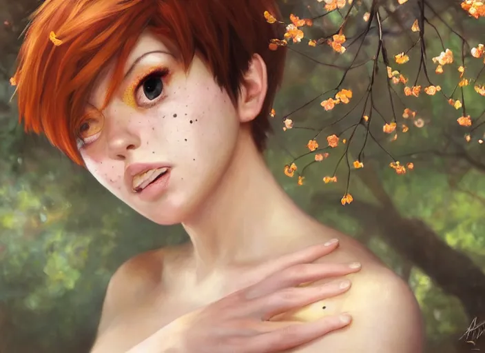 Prompt: Beautiful oil painting of Tracer in a Sakura Tree forest by Artur Tarnowski and Titian and Mandy Jurgens, portrait, Overwatch, symmetrical face, blush, freckles, intricate, wearing orange sundress, face, hazel iris eyes, brown hair, slim face, pointed chin, elegant, Lena Oxton, light orange mist, pink forest, highly detailed, dramatic lighting, sharp focus, hyper realistic, octane render, raytracing, trending on artstation, artstationHD, artstationHQ, unreal engine, 4k, 8k