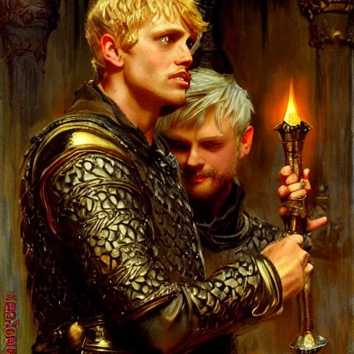 Image similar to handsome arthur pendragon in love with handsome merlin the mage. merlin is also in love with arthur. highly detailed painting by gaston bussiere, craig mullins, j. c. leyendecker