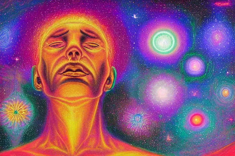 Image similar to digital art of a spiritual man looking up at the stars, glowing light, acrylic art, universe, painting, pastel colors, alex grey,