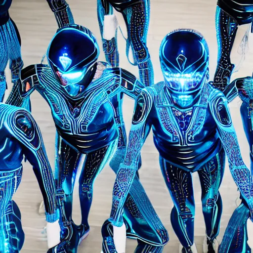 Image similar to love, diverse blue cybersuits, from behind, connection rituals, wide wide angle, vivid, elaborate, highly detailed, beautiful lighting