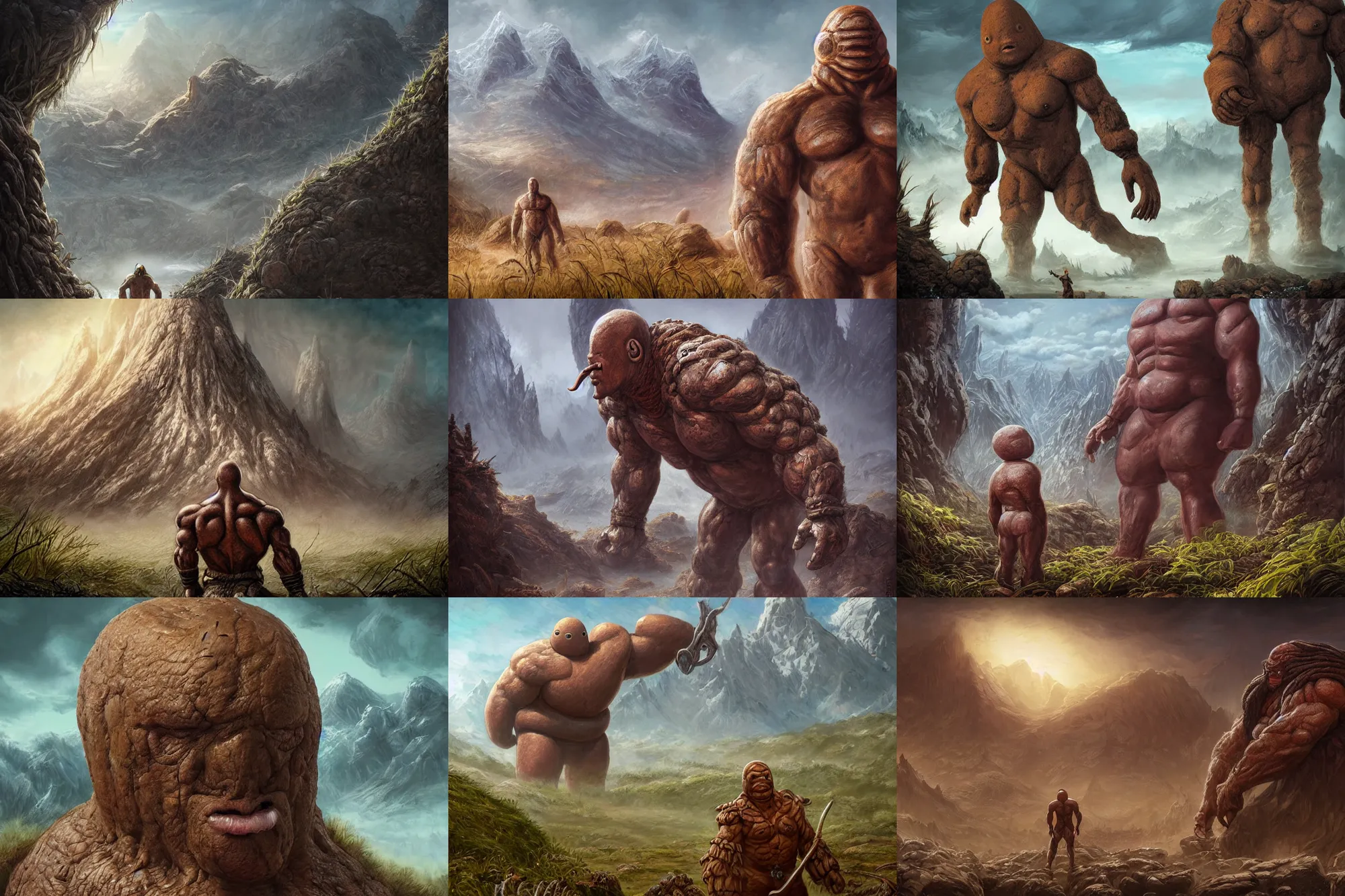 Prompt: highly detailed elden ring portrait photo of a huge buff humanoid diglett wandering in a scenic dystopian environment. even bigger massive digletts in the background, hyperrealistic illustration by william didier - pouget