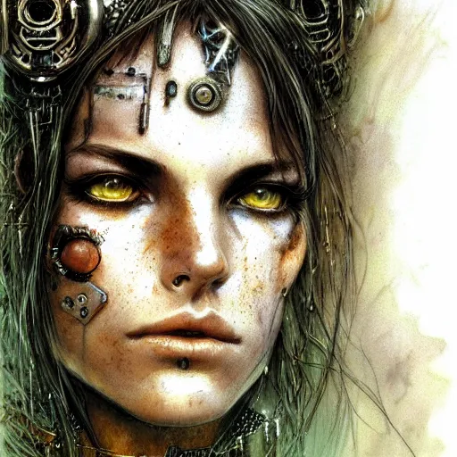 Image similar to an award finning closeup facial portrait by luis royo and john howe of a very beautiful and attractive female bohemian cyberpunk traveller aged 1 9 with green eyes and freckles in clothed in excessively fashionable cyberpunk gear and wearing ornate warpaint