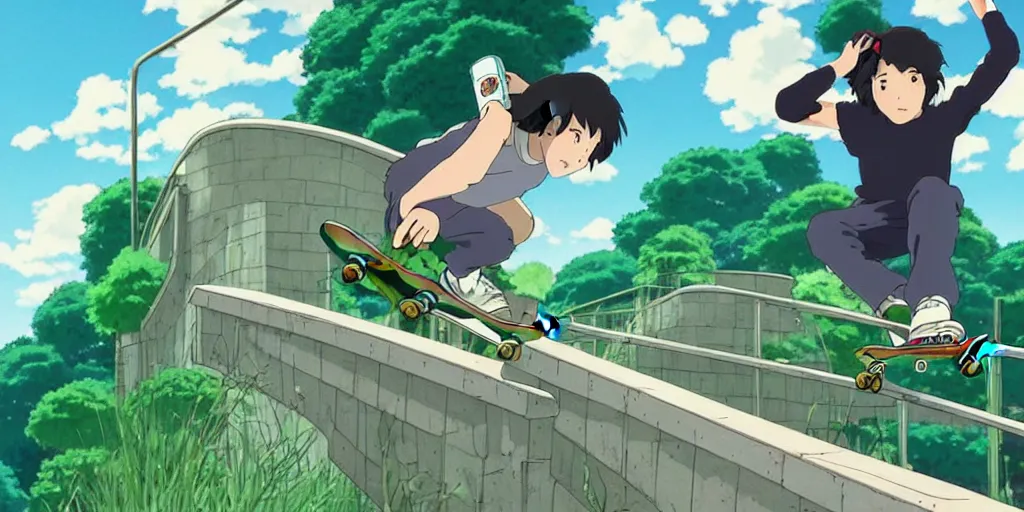 Prompt: a beautiful movie still in the style of Studio Ghibli anime showing a skateboarder grinding down a rail in high detail. The skater is a girl with green hair and she is waving spray paint cans in the air. Studio Ghibli, trending on artstation, trending on behance