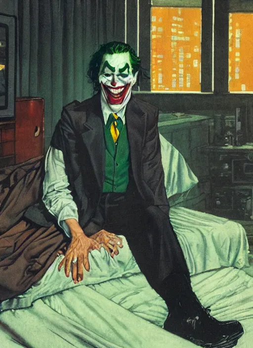 Image similar to full body and head portrait of the joker sitting on the edge of a bed in a dark and dingy dystopian apartment lit by green light, painted by norman rockwell and tom lovell and everett raymond kinstler