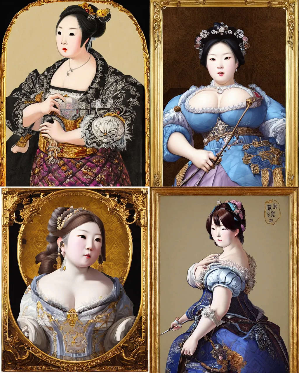 Prompt: Detailed Baroque painting of mei from overwatch as an regal noblewoman, checkered brocade dress made of crystal and ice, style of giotto and johfra bosschart, intricate, soft lighting, chubby big bosomy physique |