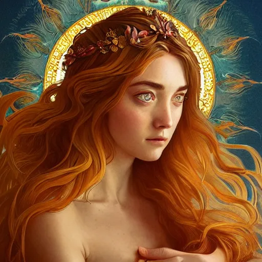 Prompt: portrait of the goddess of the sun who looks like Ana de Armas and Saoirse Ronan, D&D, fantasy, intricate, elegant, highly detailed, digital painting, artstation, smooth, sharp focus, illustration, art by artgerm and Michael Whelan and alphonse mucha