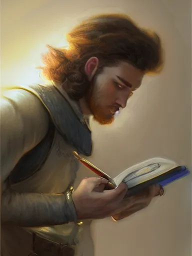 Image similar to a young handsome guy, writing a poem. intricate, elegant, highly detailed, digital painting, artstation, concept art, sharp focus, illustration, by justin gerard and artgerm, 8 k