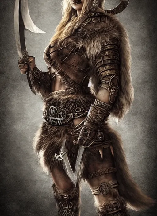 Image similar to viking barbarian very beautiful girl with intricate very detailed leather armor and wolf pelts, wolf heads, aggressive look, full body, photorealistic, soft lighting, dungeon and dragons, dnd, fantasy, extremely detailed