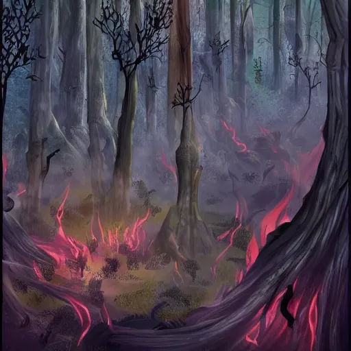 Image similar to a battle between the demon warriors and mages of hell and the angels of heaven in a magical forest. Parts of the forest is burned with charred trees. Lots of holy and damned magic is used