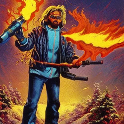 Prompt: The Thing 1980 poster artwork by Michael Whelan Rendering of Kurt Russell with flame thrower, full of details by Thomas Kinkade and Roy Lichtenstein, trending on artstation