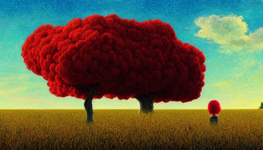 Image similar to red carnation afro head, full body, girl watching sunset, empty wheat field, surreal photography, colorful clouds, tree, impressionist painting, colorful clouds, digital painting, pointillism, artstation, simon stalenhag