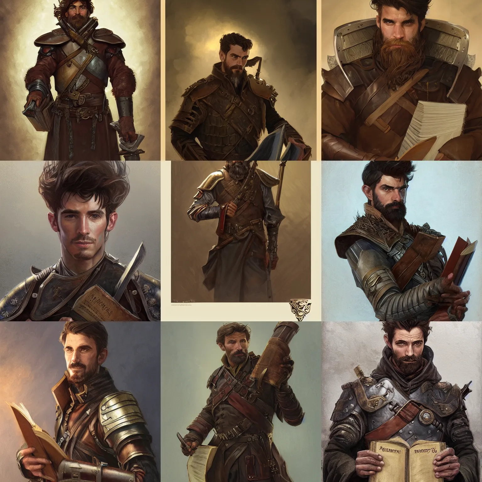 Prompt: portrait of a ruggedly handsome wizard soldier with short brown hair and stubble wearing leather armor holding a book, half body, fantasy, highly detailed, digital painting, artstation, concept art, character art, art by greg rutkowski and tyler jacobson and alphonse mucha