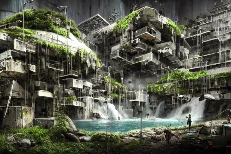 Image similar to favela bunker spaceship colony hive, brutalist waterfall environment, industrial factory, whimsical, award winning art, epic dreamlike fantasy landscape, ultra realistic,