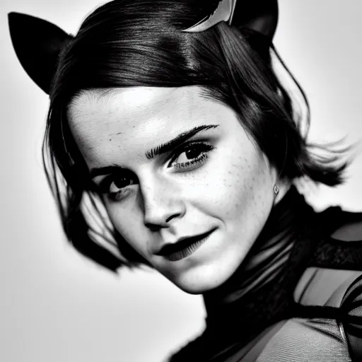 Image similar to Emma Watson as Catwoman, Fujifilm X-T3, 1/1250s at f/2.8, ISO 160, 84mm, 8K, RAW, symmetrical balance, Dolby Vision, HDR, face retouch