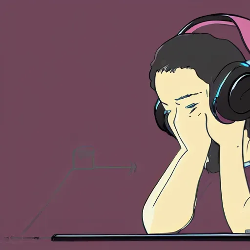 Prompt: a side view of a girl sitting on her desktop writing something headphones on, hand on her chin, digital art, anime, ghibli style