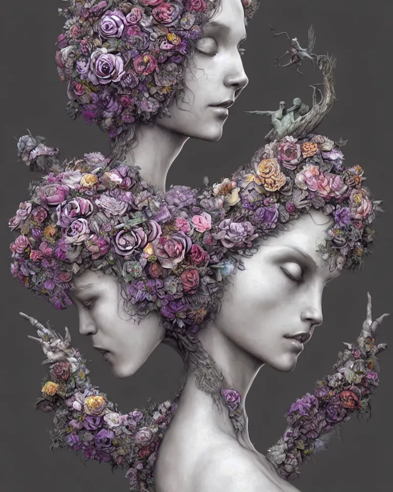 Image similar to a sculpture of a gorgeous etherial female, made of mist, made of flowers, Andrew Ferez, Charlie Bowater, Marco Mazzoni, Seb McKinnon, Ryohei Hase, lovecraftian, cosmic horror, trending on cgsociety, featured on zbrush central, grotesque, vanitas, new sculpture, mystical
