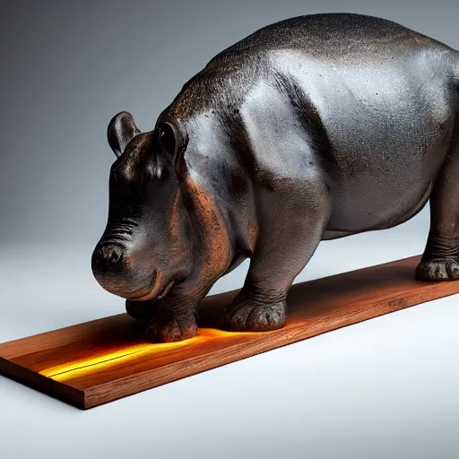 Prompt: award - winning photo, full subject shown in photo, dramatic lighting, wood, epoxy resin, studio zeiss 1 5 0 mm f 2. 8 hasselblad, a photo of a model hippo made of repurposed elm wood composite mixed with straight lines blue epoxy resin