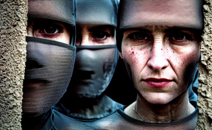 Image similar to cinestill 5 0 d photographic portrait by helen levitt of a group of android women wearing rugged black mesh techwear in a cement maze, extreme closeup, modern cyberpunk, minimalism, dust storm, 8 k, hd, high resolution, 3 5 mm, f / 3 2, ultra realistic faces, intricate detail, ex machina