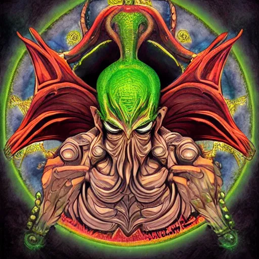 Prompt: 4 k headshot of godlike cthulhu with defined arms and open hands and bloody clothes with giant mandala wings, intricate face, flawless anime cel animation by kentaro miura, psychedelic, highly detailed upper body, professionally post - processed, beautiful, scary, symmetry accurate features, epic, octane rendered, anime masterpiece, accurate