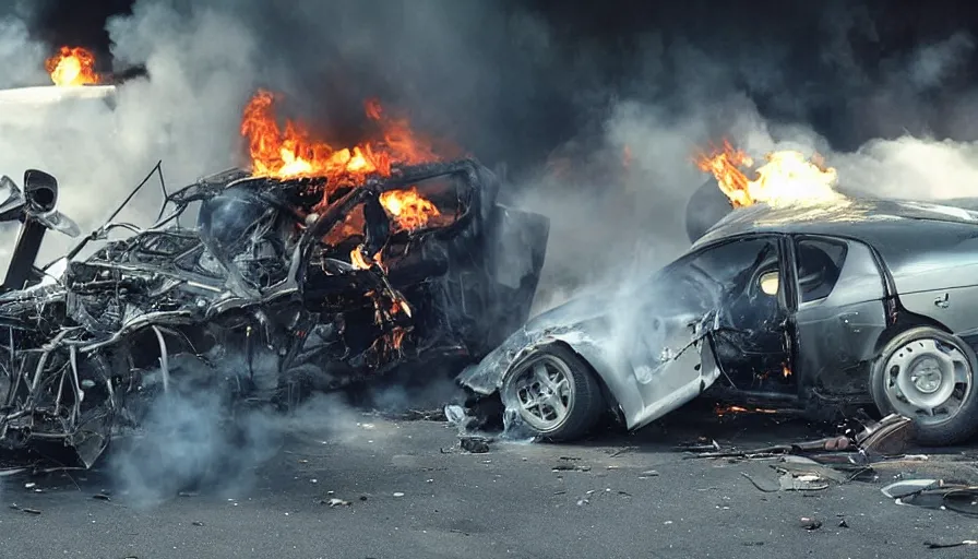 Image similar to Big budget movie where a hotrod crashes into a petrol station and explodes