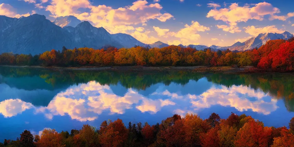 Image similar to peaceful clouds, mountain range, lake, autumn, colorful leaves, epic, matte painting, concept art, 4k