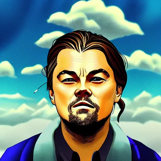 Image similar to “Leonardo DiCaprio, portrait!!! Mononoke-hime style, cartoon, blue sky with white clouds green hills and mountains on the background, fantasy, photorealistic, concept Art, ultra detailed portrait, 4k resolution”