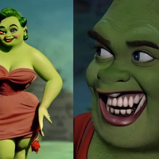 Image similar to shrek as a pinup girl, 1960 commercial