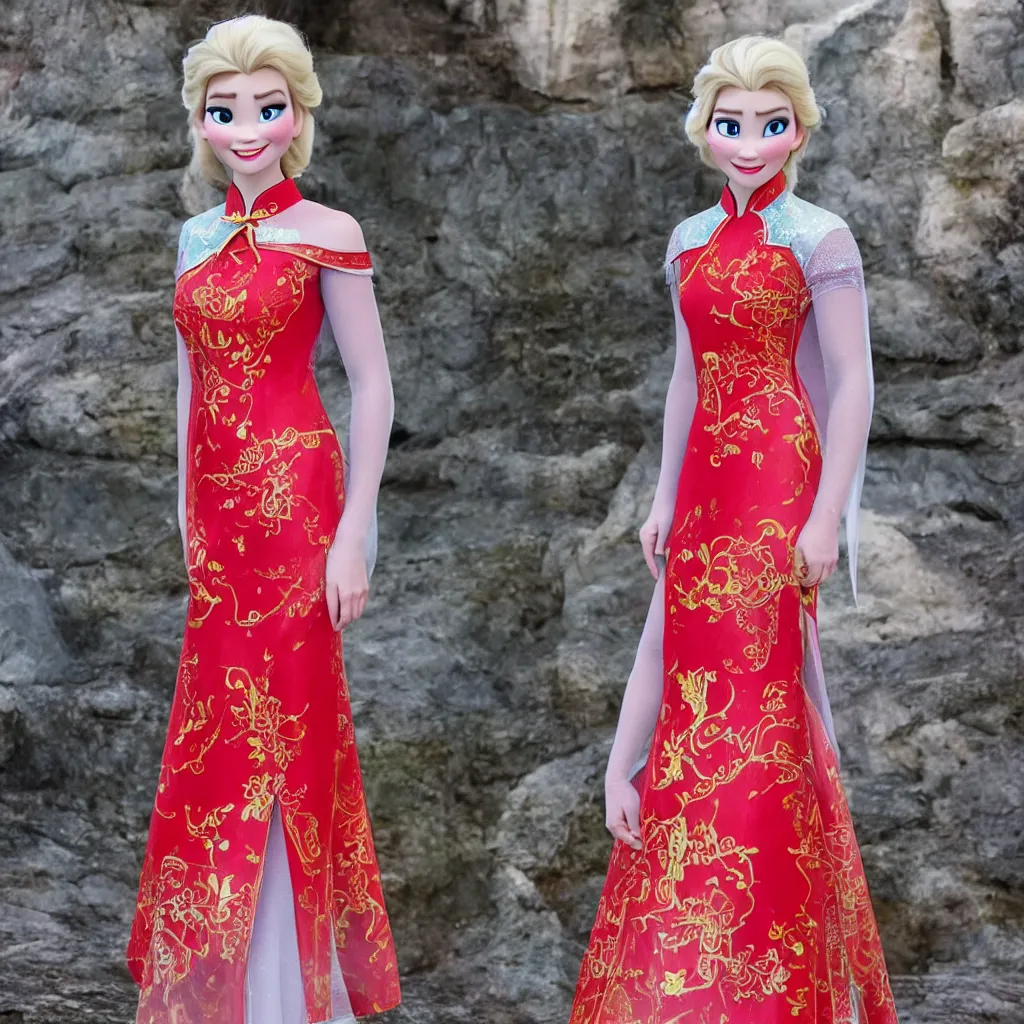 Image similar to elsa is wearing a chinese red cheongsam, frozen, disney style.