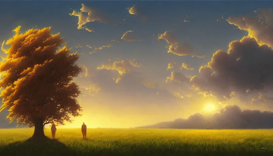 Prompt: dramatic solar eclipse, grassy field, single tree, colorful clouds, blue sky, christophe vacher, matte painting