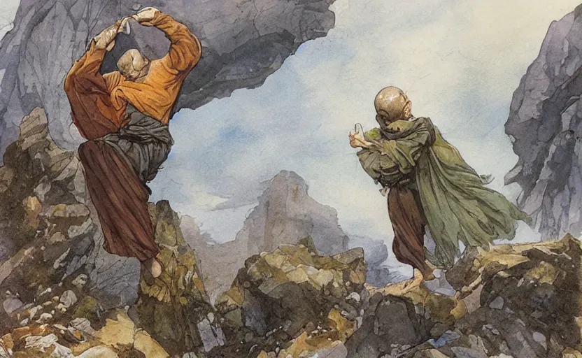 Image similar to a hyperrealist watercolour concept art of a monk levitating a huge rock over his head. it is a misty night on the moors of ireland. by rebecca guay, michael kaluta, charles vess and jean moebius giraud. high detail, hq