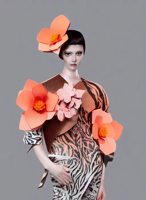 Image similar to portrait of a beautiful ceramic female tiger model wearing sakura and peach ( ( origami themed paper flower ) ) and metallic shapes haute couture by issey miyake